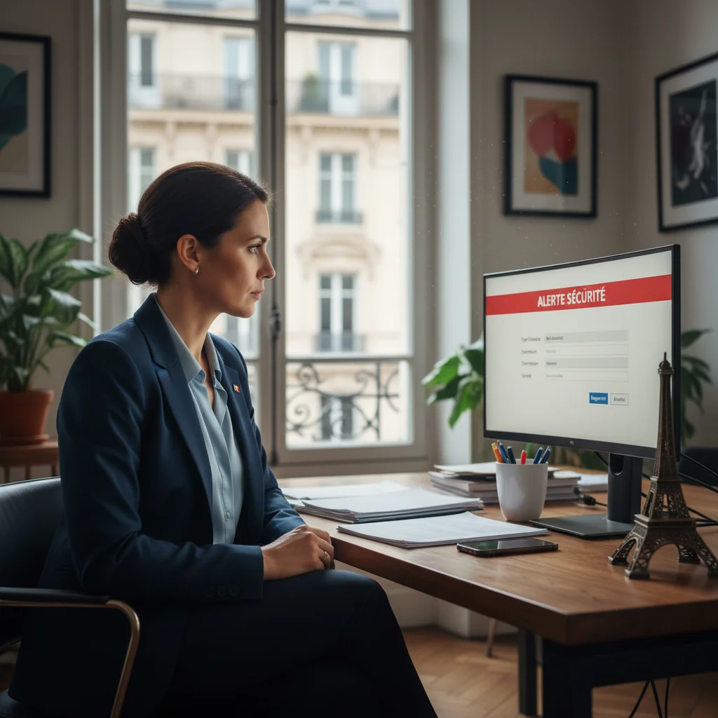 A photorealistic image of a professional in a modern French office setting, carefully reviewing a digital alert notification on a computer screen, symbolizing the procedure for reporting alerts in France. The scene includes French elements like a flag or Eiffel Tower in the background window, with a serious and focused atmosphere, no children present.