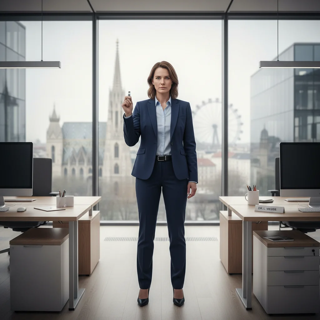 A photorealistic image of a professional adult whistleblower in an Austrian office setting, looking determined while holding a whistle, symbolizing protection for reporting misconduct, with Austrian flag elements in the background, no children present.