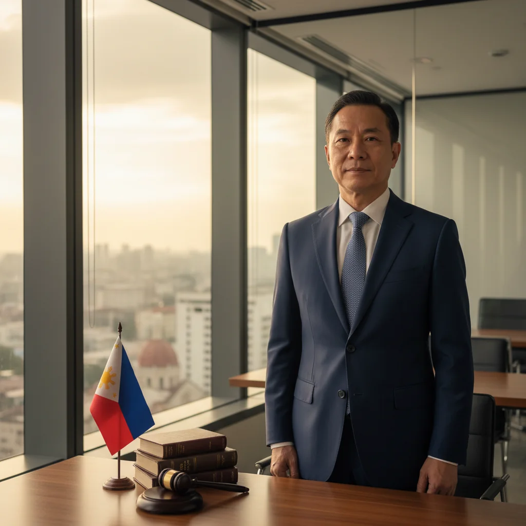 A photorealistic image of a determined adult whistleblower, a middle-aged professional in business attire, standing confidently in a modern Philippine office setting with subtle national elements like a flag in the background, symbolizing protection and courage in exposing wrongdoing, no children present.