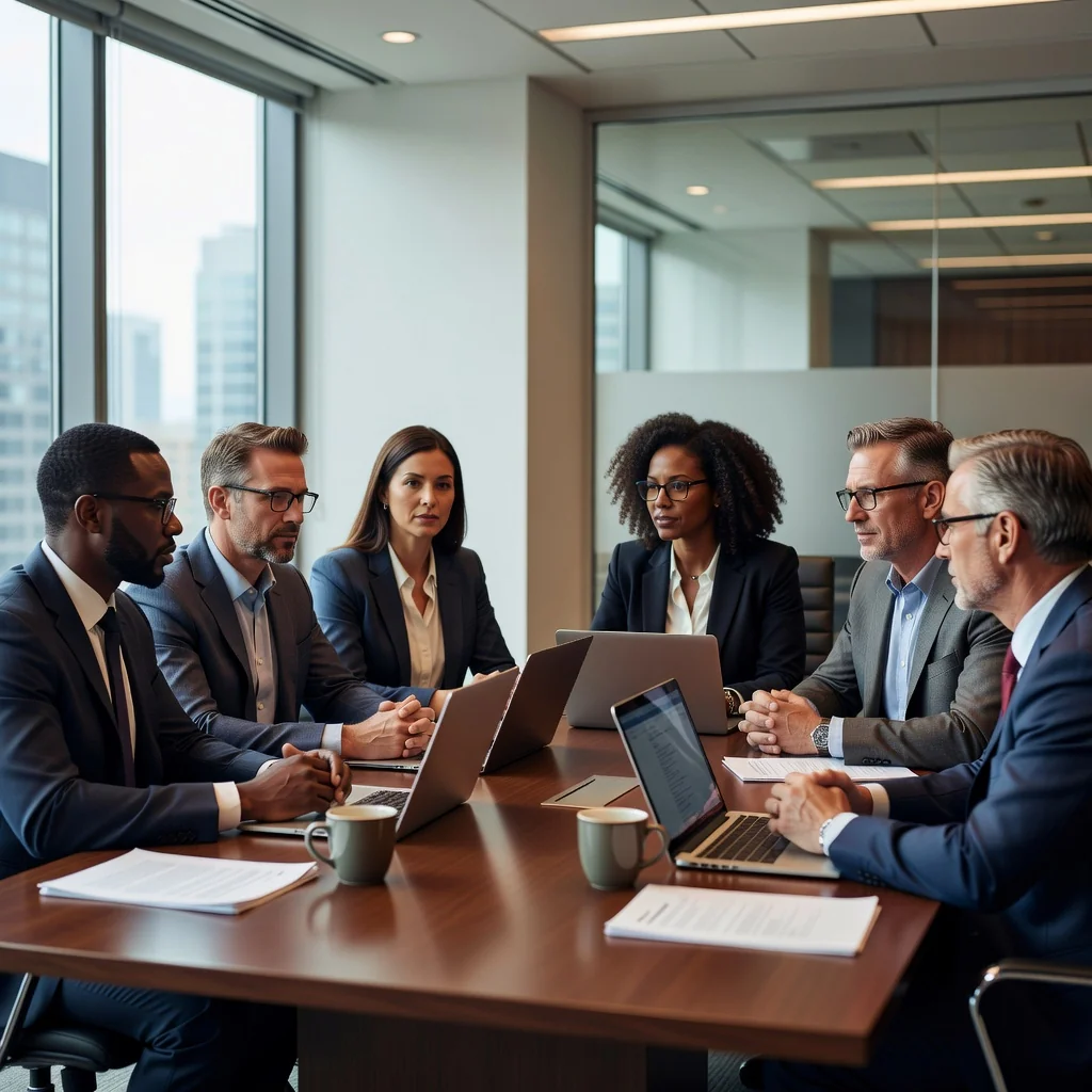 A photorealistic image of a diverse group of professional adults in a modern US office setting, engaged in a confidential discussion about ethics and reporting misconduct, symbolizing whistleblower protection without showing any documents or children.
