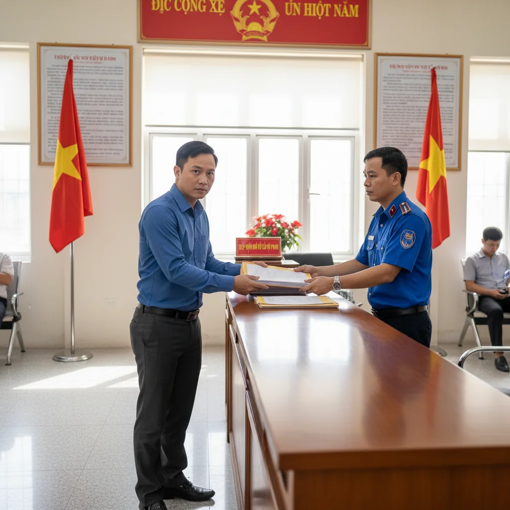 A photorealistic image depicting an adult Vietnamese citizen confidently submitting a formal complaint at a government office, symbolizing the process of reporting criminal violations under Vietnamese law. The scene shows the person handing over documents to an official at a counter, with elements like a Vietnamese flag and legal signage in the background, conveying themes of justice and civic duty.