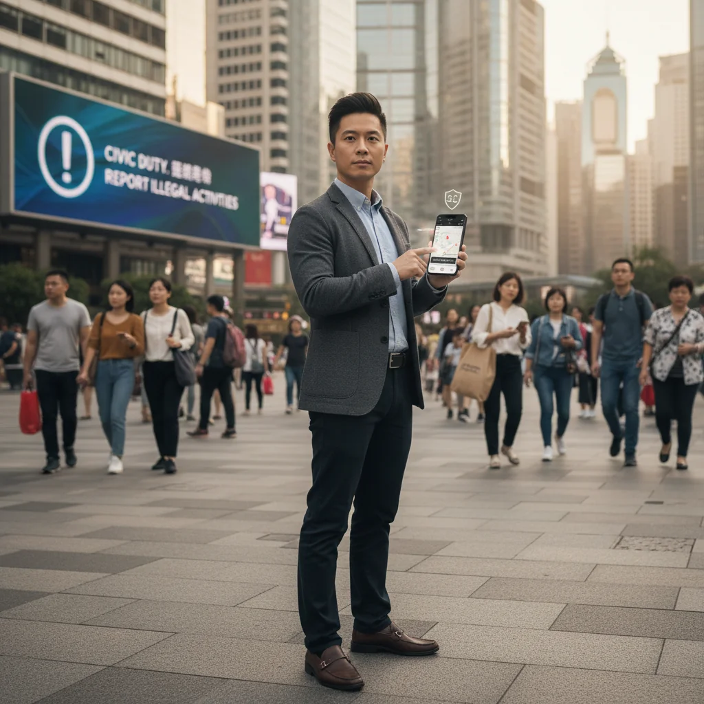 A photorealistic image depicting an adult citizen in Hong Kong actively reporting illegal activity, symbolizing vigilance and justice in an urban setting like a busy street or public office, conveying empowerment and community safety without focusing on documents.