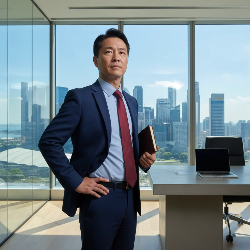 A photorealistic image depicting a professional adult whistleblower in a modern Singapore office setting, standing confidently with a subtle expression of determination, symbolizing protection and integrity in whistleblowing, with elements like the Singapore skyline in the background through a window, no children present.