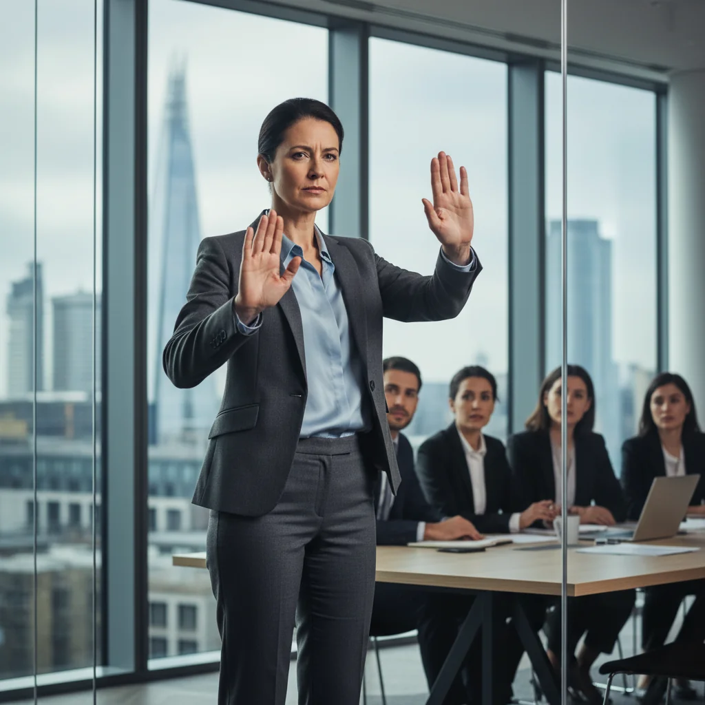 A photorealistic image of a determined adult professional standing confidently in a modern office environment, symbolizing empowerment and protection in whistleblowing, with subtle elements like a raised voice or a shield metaphor in the background, no children present.