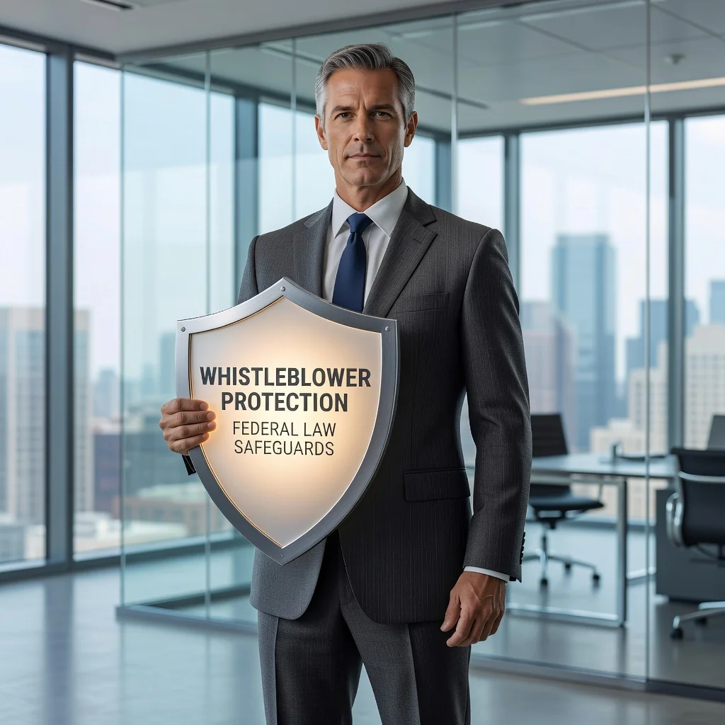 A photorealistic image of a determined adult whistleblower in a professional setting, standing up against corporate corruption, symbolizing legal protections for exposing wrongdoing under US federal law. The scene shows the person holding a symbolic shield representing protection, in an office environment, conveying empowerment and justice.