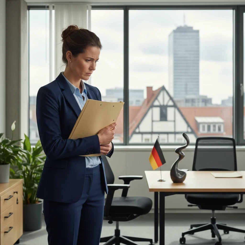 A photorealistic image depicting a professional adult whistleblower in a modern German office setting, looking thoughtful while holding a confidential folder, symbolizing the reporting of wrongdoing in a workplace without showing any documents or children.