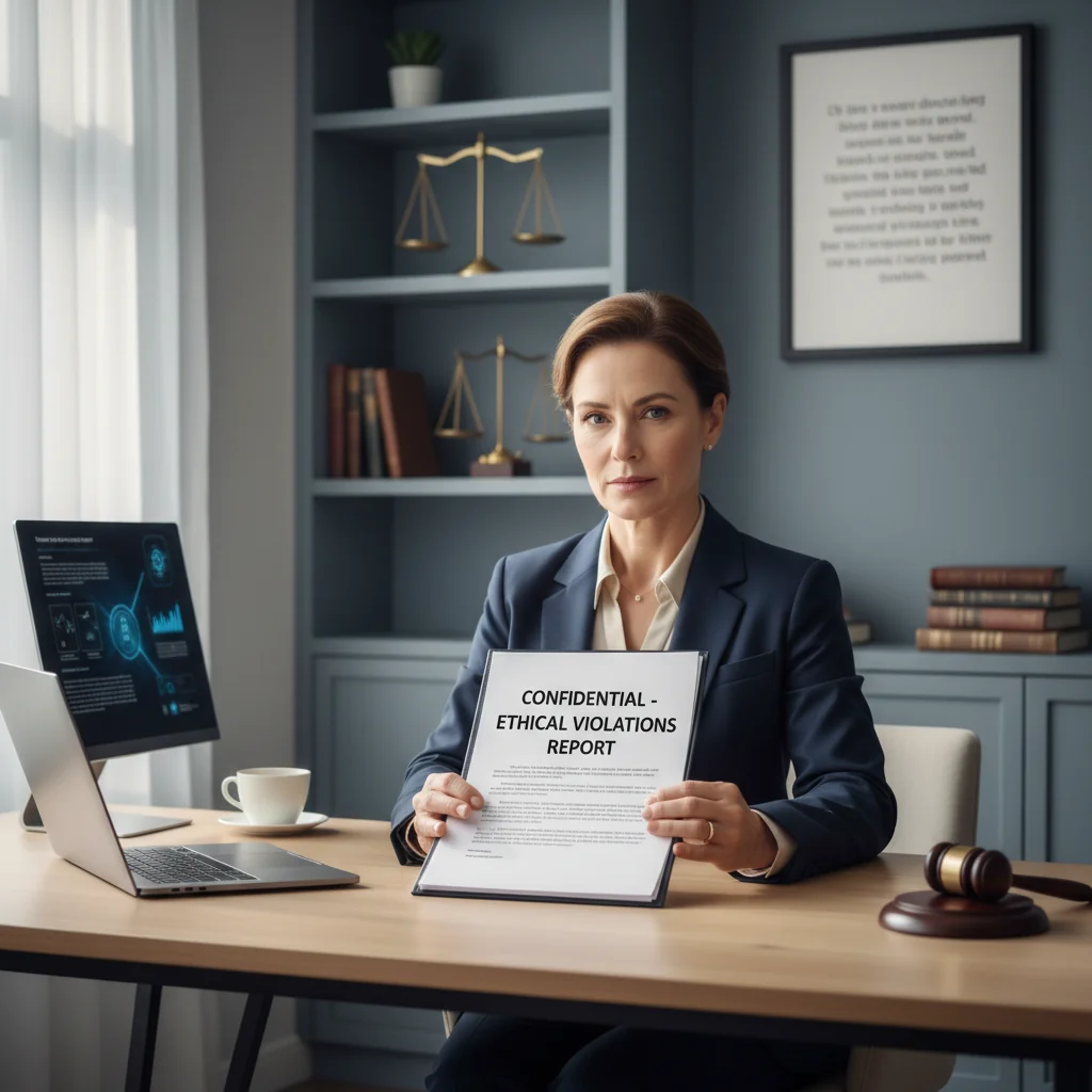 A photorealistic image of a determined adult professional sitting at a desk in an office, holding a whistleblower report document, with a subtle background of legal scales and a gavel on a bookshelf, symbolizing legal reporting and whistleblowing procedures. No children present. The focus is on the act of reporting ethically.