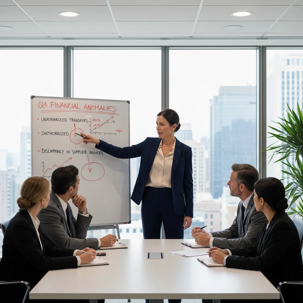 A photorealistic image depicting a professional adult employee in a modern office setting, confidently raising a hand to report an issue during a team meeting, symbolizing the rights and duties in whistleblowing on corporate misconduct. The atmosphere is one of integrity and transparency, with diverse adult colleagues listening attentively. No children are present in the image.