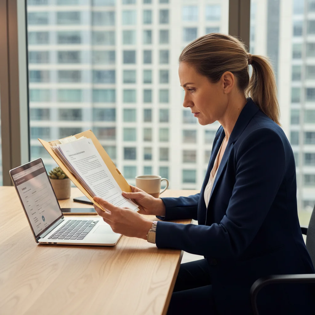 A photorealistic image depicting a professional adult individual in a modern office setting, confidently preparing to report an irregularity by reviewing documents at a desk with a computer, symbolizing the legal steps in whistleblowing procedures. The scene conveys integrity, justice, and professionalism, with no children present.
