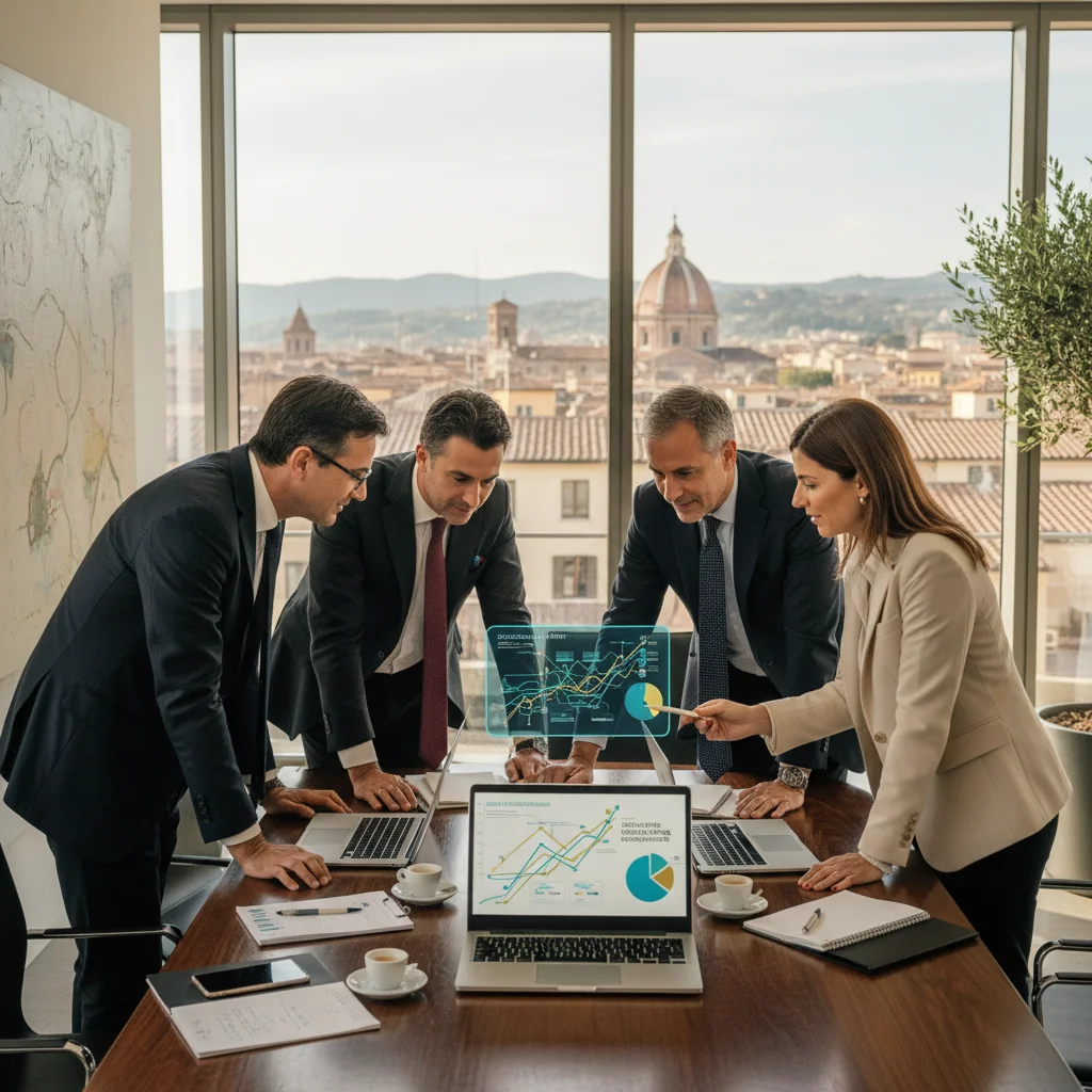A photorealistic image of a professional business meeting in a modern Italian office, showing diverse adult Italian business professionals discussing benefits and compliance strategies around a conference table, with elements like charts and laptops symbolizing reporting procedures and advantages for enterprises, no children present.