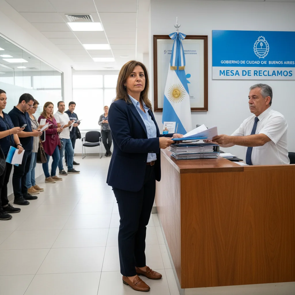 A photorealistic image of an adult citizen in Argentina confidently submitting a complaint at a government office, symbolizing the act of reporting irregularities, with elements like a flag or official building in the background to evoke justice and civic duty.