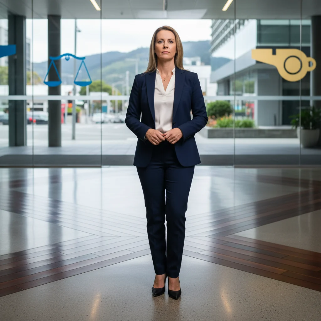 A photorealistic image depicting a determined adult professional standing at a crossroads in a modern urban office environment, symbolizing the courage and decision-making involved in whistleblowing. The person is an adult in business attire, looking thoughtfully ahead, with subtle elements like a faint shadow of a gavel or ethical scales in the background to represent justice and integrity in a New Zealand workplace setting. No children are present in the image.