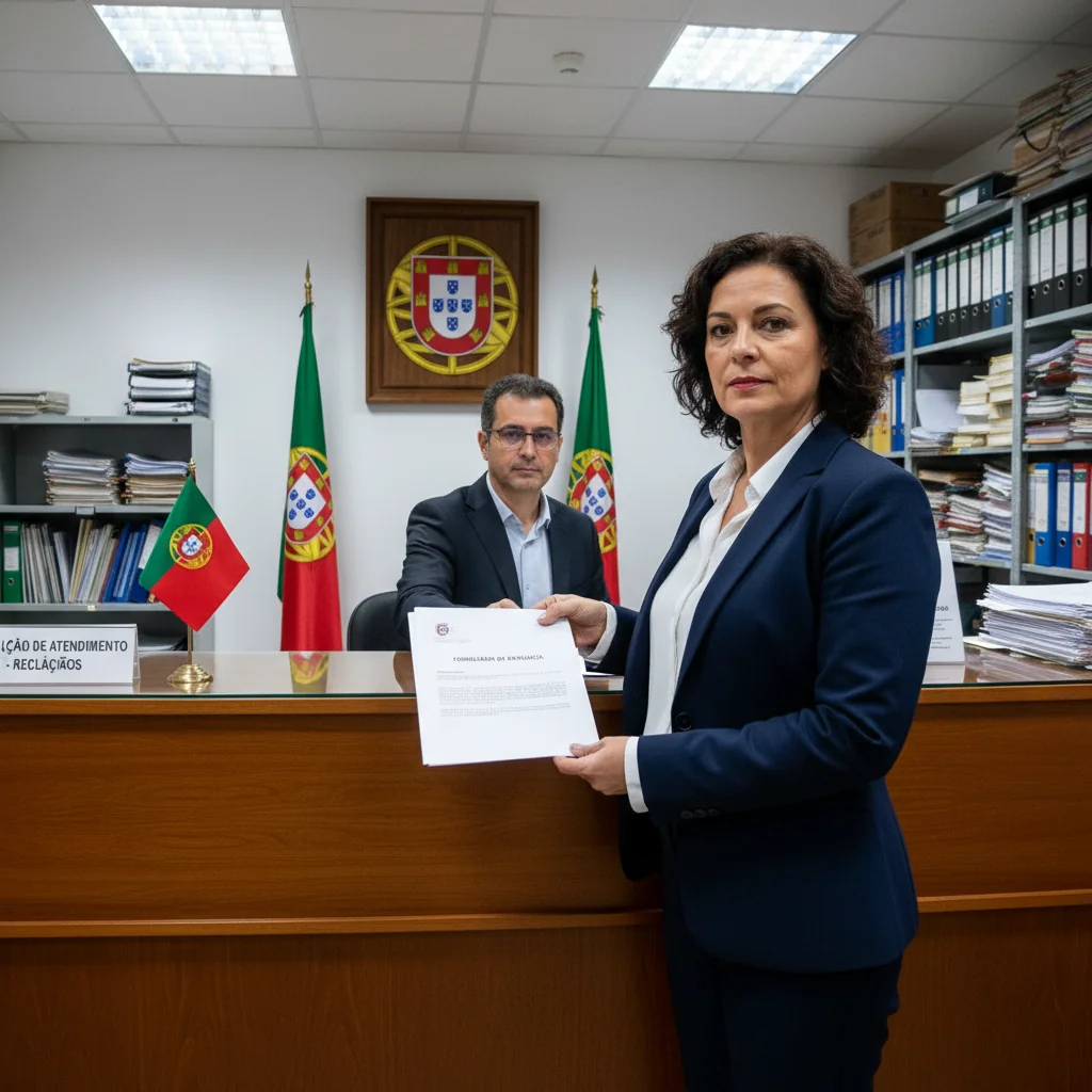 A photorealistic image of an adult Portuguese citizen confidently submitting a formal complaint or report at a government administrative office counter, symbolizing rights and obligations in the Portuguese denunciation procedure, with official paperwork in hand but no focus on the document itself, in a modern public service building interior.