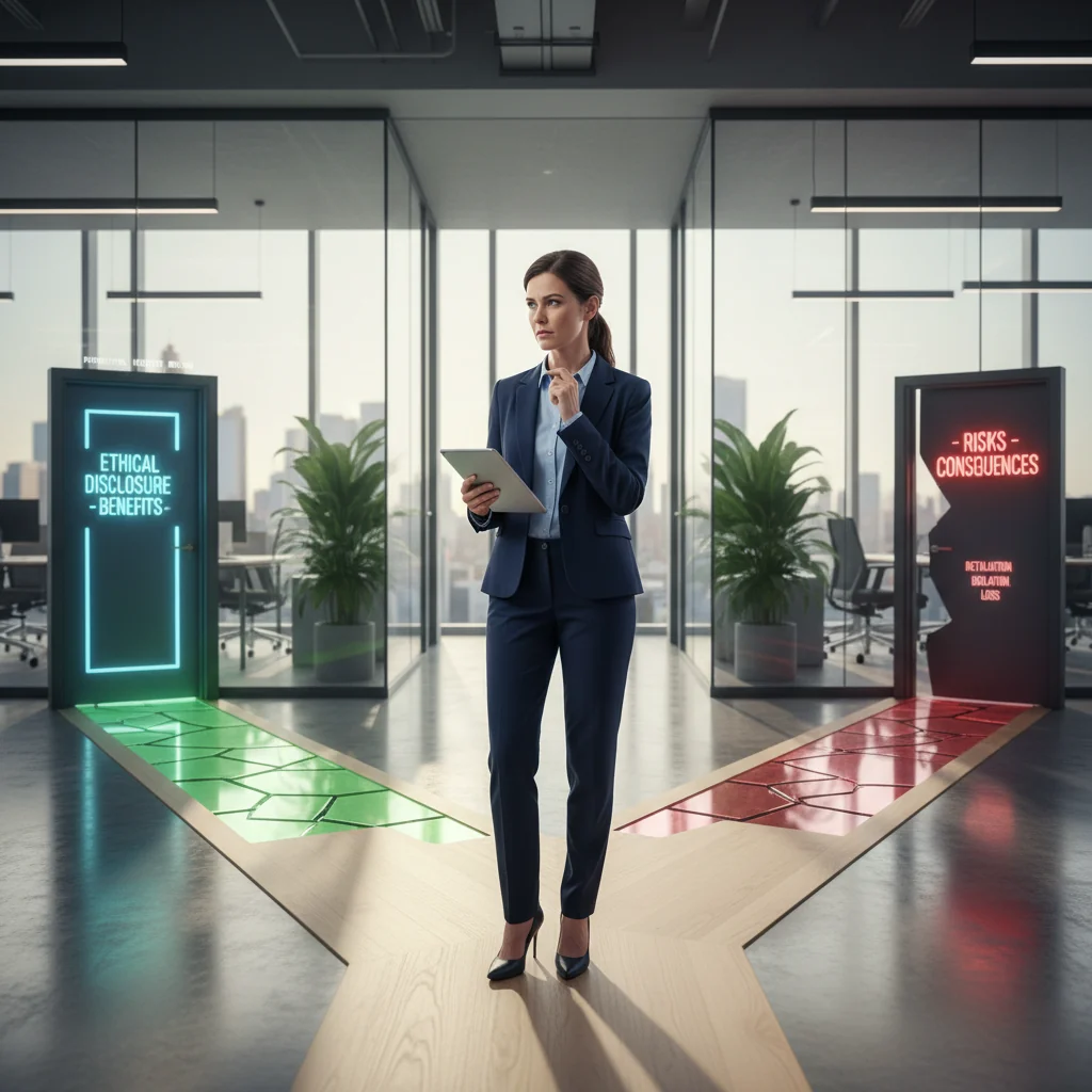 A photorealistic image of a determined adult Australian employee standing at a crossroads in a modern office environment, symbolizing the decision to whistleblow, with one path leading to a shadowy corporate building representing risks, and the other to a brighter open field representing benefits, no children present.