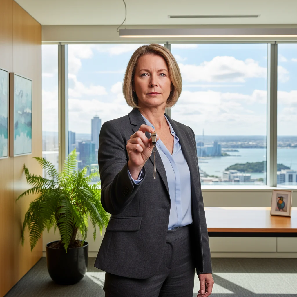 A photorealistic image of a determined adult professional standing in a modern office environment, holding a whistle symbolically, representing whistleblower courage and protection in New Zealand. The scene conveys empowerment and justice without showing any documents.