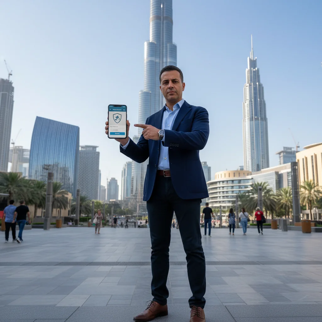 A photorealistic image of an adult citizen in the UAE holding a smartphone, using an official reporting app to report a violation, standing in front of iconic UAE landmarks like the Burj Khalifa under a clear blue sky, symbolizing civic responsibility and law enforcement in the Emirates. No children are present in the image.