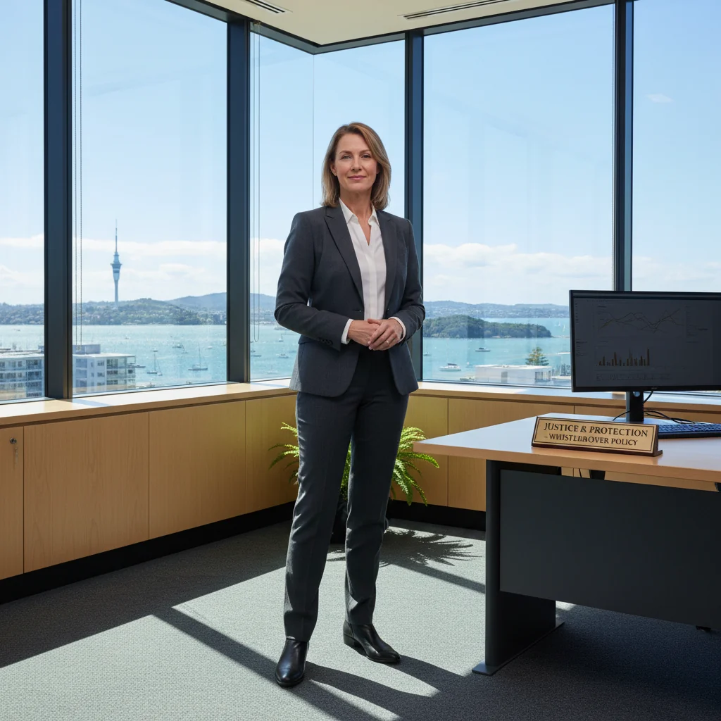 A photorealistic image of a professional adult whistleblower standing confidently in a modern New Zealand office environment, looking determined and empowered, with subtle elements like a New Zealand flag in the background to represent the location, emphasizing themes of integrity, protection, and justice without showing any corporate documents or children.