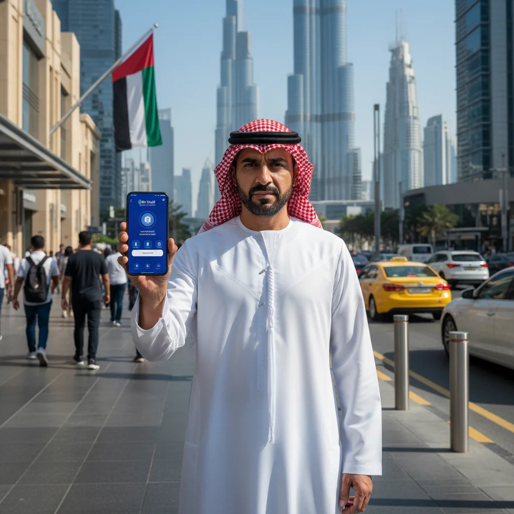 A photorealistic image depicting a vigilant adult Emirati citizen in traditional attire, standing in a modern UAE cityscape like Dubai, actively reporting a violation via a smartphone app, symbolizing civic responsibility and community involvement in the Emirates. The scene emphasizes empowerment and national pride, with no children present.
