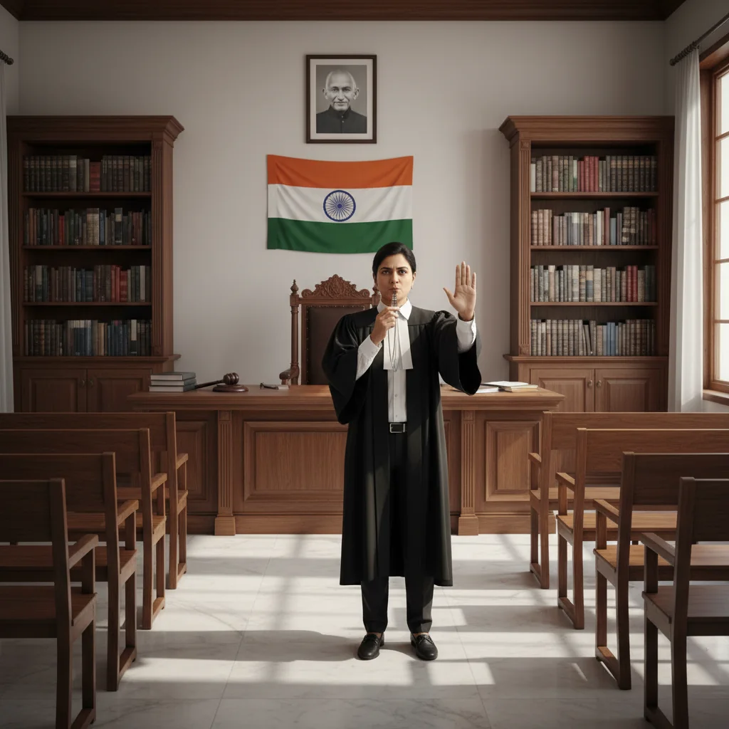 A photorealistic image depicting a legal professional in a modern Indian courtroom, blowing a whistle to signal an important ruling, with Indian flag elements in the background, symbolizing legal procedures and rules in India. No children are present in the scene.