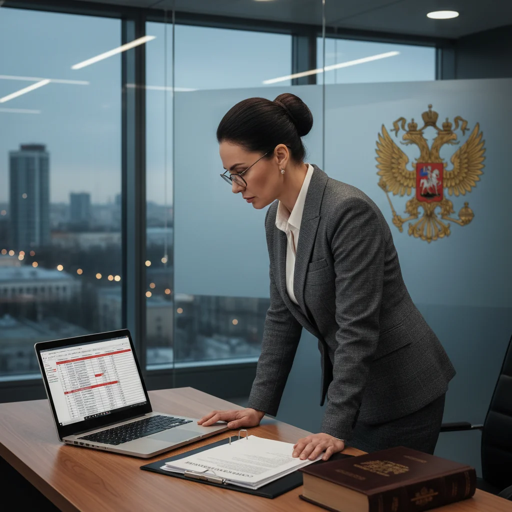 A photorealistic image depicting a professional adult in a modern office environment, carefully reviewing important documents on a computer screen, symbolizing compliance and reporting violations under Russian law. The scene conveys seriousness and integrity, with no children present.