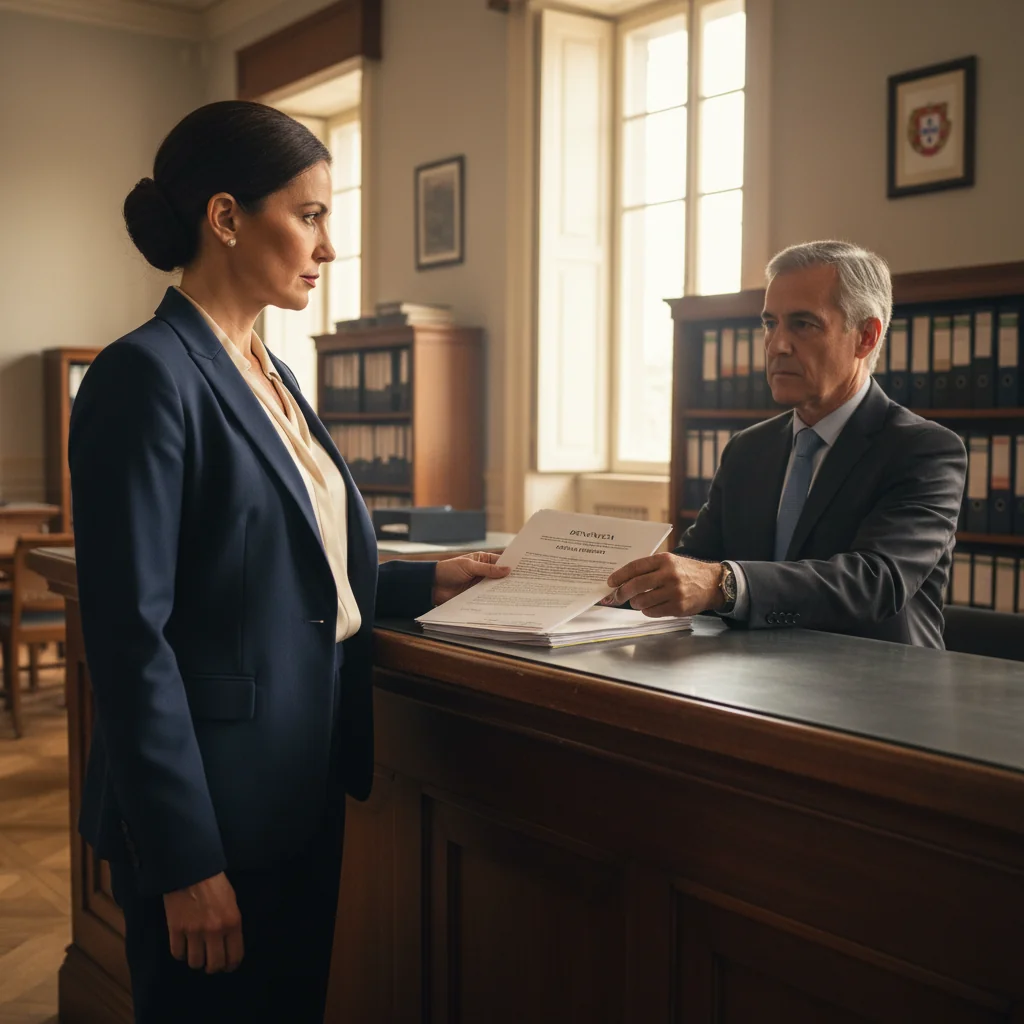 A photorealistic image depicting a determined adult Portuguese citizen in a modern office setting, holding a formal complaint form, symbolizing the act of filing a denuncia procedure in Portugal. The scene conveys justice and empowerment, with subtle Portuguese elements like a flag in the background. No children are present.
