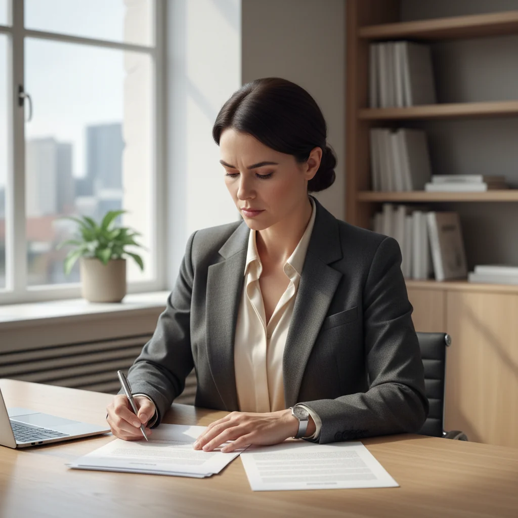 A photorealistic image of a determined adult professional sitting at a desk in an office, holding a document and preparing to file a formal complaint, symbolizing the start of a correct denunciation procedure. The scene conveys empowerment and justice without showing any children or corporate documents directly.