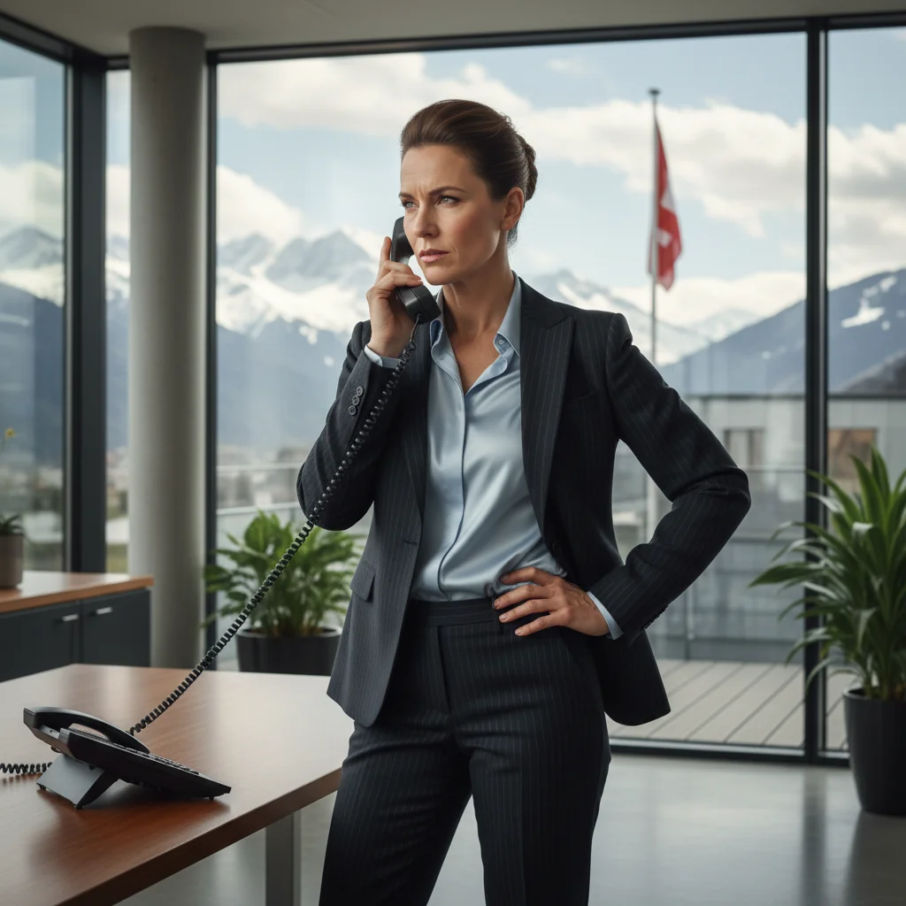 A photorealistic image of a professional adult woman in a modern office setting, confidently holding a whistleblower hotline phone, symbolizing the reporting of workplace misconduct in Switzerland. The background includes subtle Swiss flag elements and alpine views through a window, emphasizing empowerment and transparency without focusing on documents.