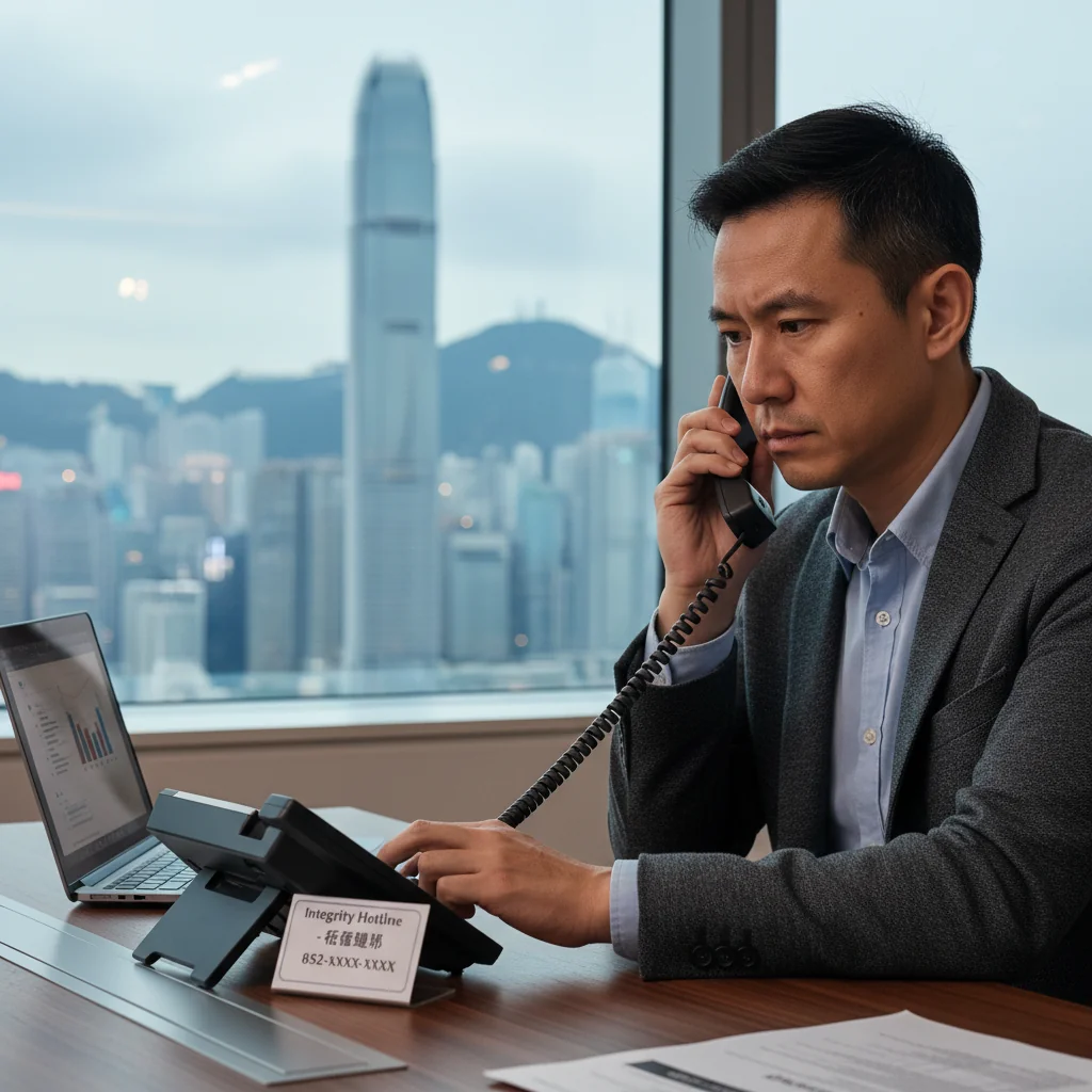 A photorealistic image depicting an adult person in a professional setting, such as an office in Hong Kong, using a hotline phone to report an issue anonymously, symbolizing whistleblowing and guidance on reporting mechanisms. The scene should convey a sense of confidentiality and empowerment, with elements like a city skyline in the background to represent Hong Kong, but no documents or text visible.