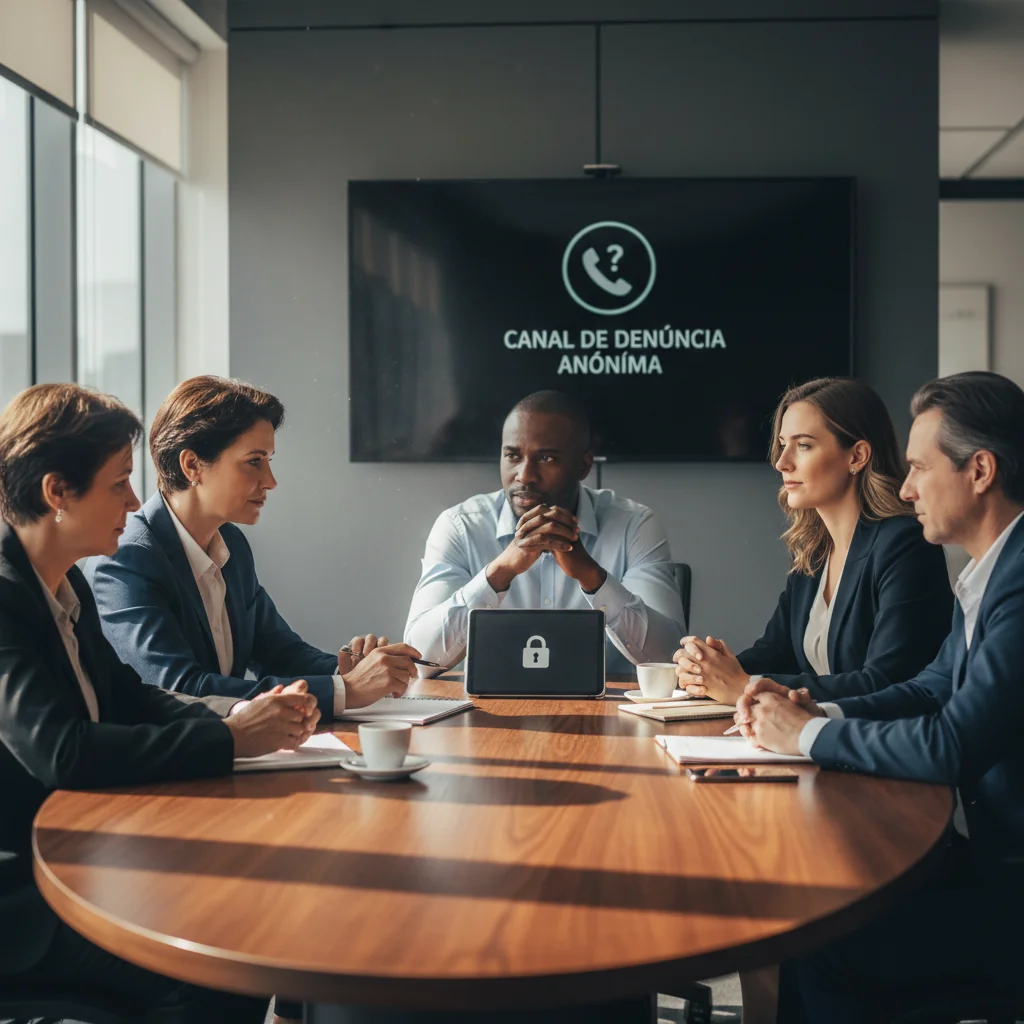 A photorealistic image depicting a diverse group of adult professionals in a modern Brazilian office setting, engaging in a confidential discussion about reporting workplace issues, symbolizing the importance of a whistleblower channel for ethical integrity and safety, with elements like a secure phone or anonymous reporting symbol in the background, no children present.