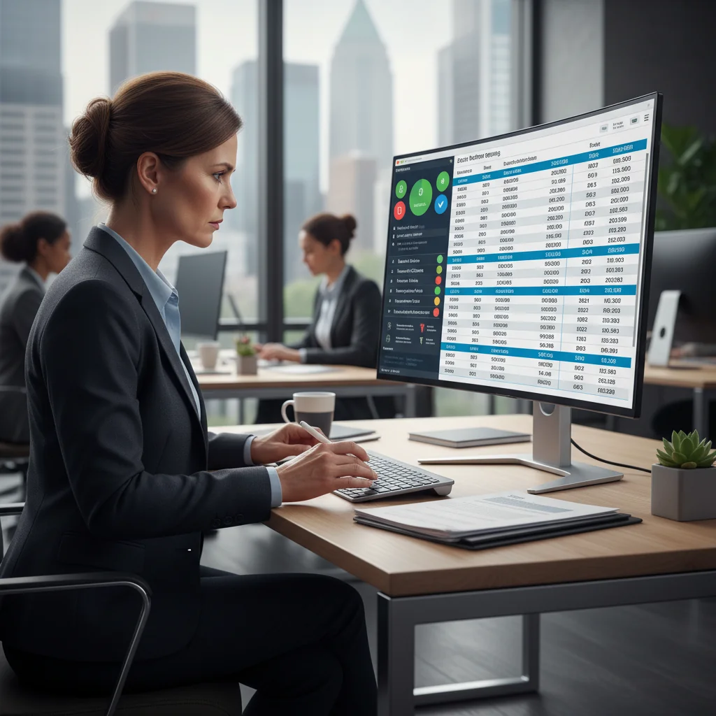 A photorealistic image depicting a professional adult in an office setting carefully reviewing a reporting form on a computer screen, with a subtle checklist overlay symbolizing error avoidance in reporting procedures, conveying accuracy and diligence without focusing on documents themselves.