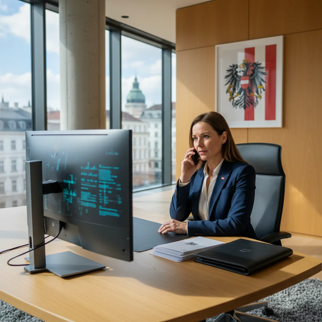 A photorealistic image depicting a professional adult whistleblower in an Austrian office setting, looking confident and protected while reporting an issue confidentially, symbolizing the whistleblower protection procedure in Austria. No children are present.