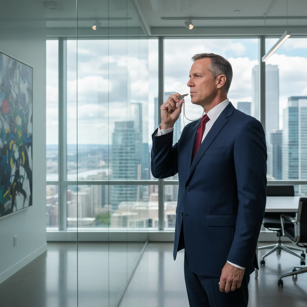 A photorealistic image of a determined adult professional standing in a modern office environment, holding a whistle as a symbol of whistleblowing, with a subtle Canadian flag in the background to represent Canada. The focus is on empowerment and integrity in the workplace, evoking themes of reporting misconduct without fear.