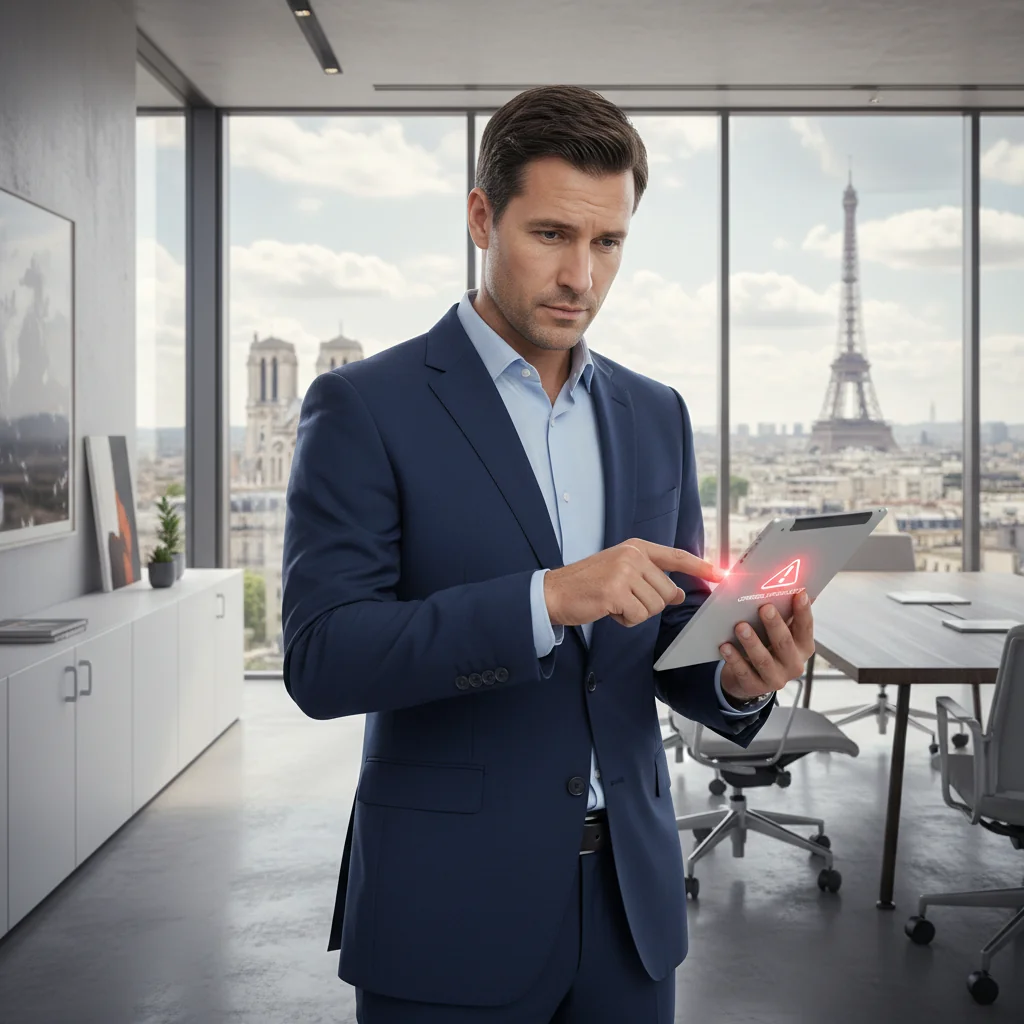 A professional adult person in a modern office setting, holding a tablet and pointing to a digital alert notification on the screen, symbolizing the process of reporting an alert in a French regulatory context, with subtle French flag elements in the background.
