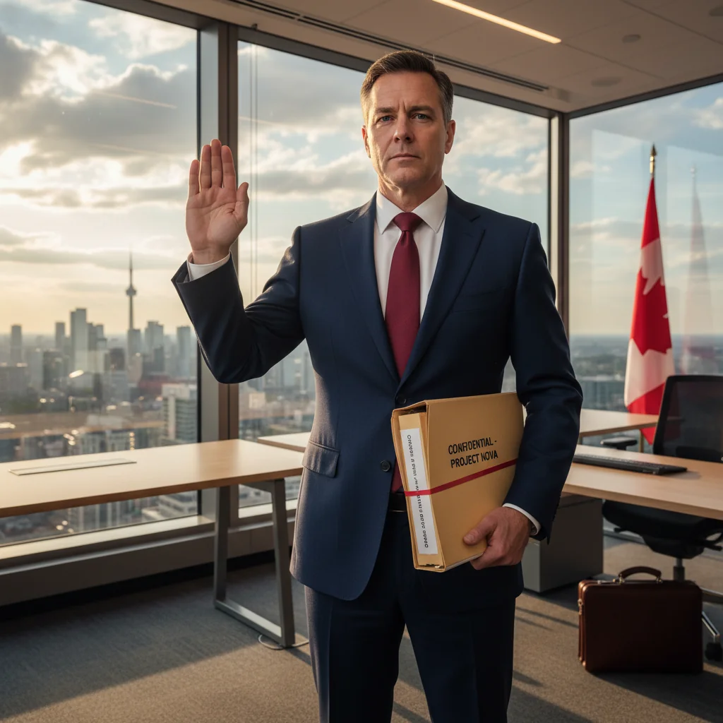 A photorealistic image of a determined adult professional whistleblower standing confidently in a modern office environment, holding a document symbolizing truth and justice, with a subtle Canadian flag in the background to represent legal protections, conveying empowerment and integrity without focusing on corporate documents directly.