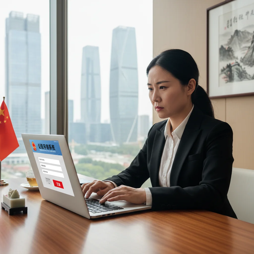 A photorealistic image depicting an adult citizen in a modern Chinese office setting, confidently using a computer to submit an online report, symbolizing the effective process of reporting issues to authorities, with no children present and a focus on empowerment and civic duty.