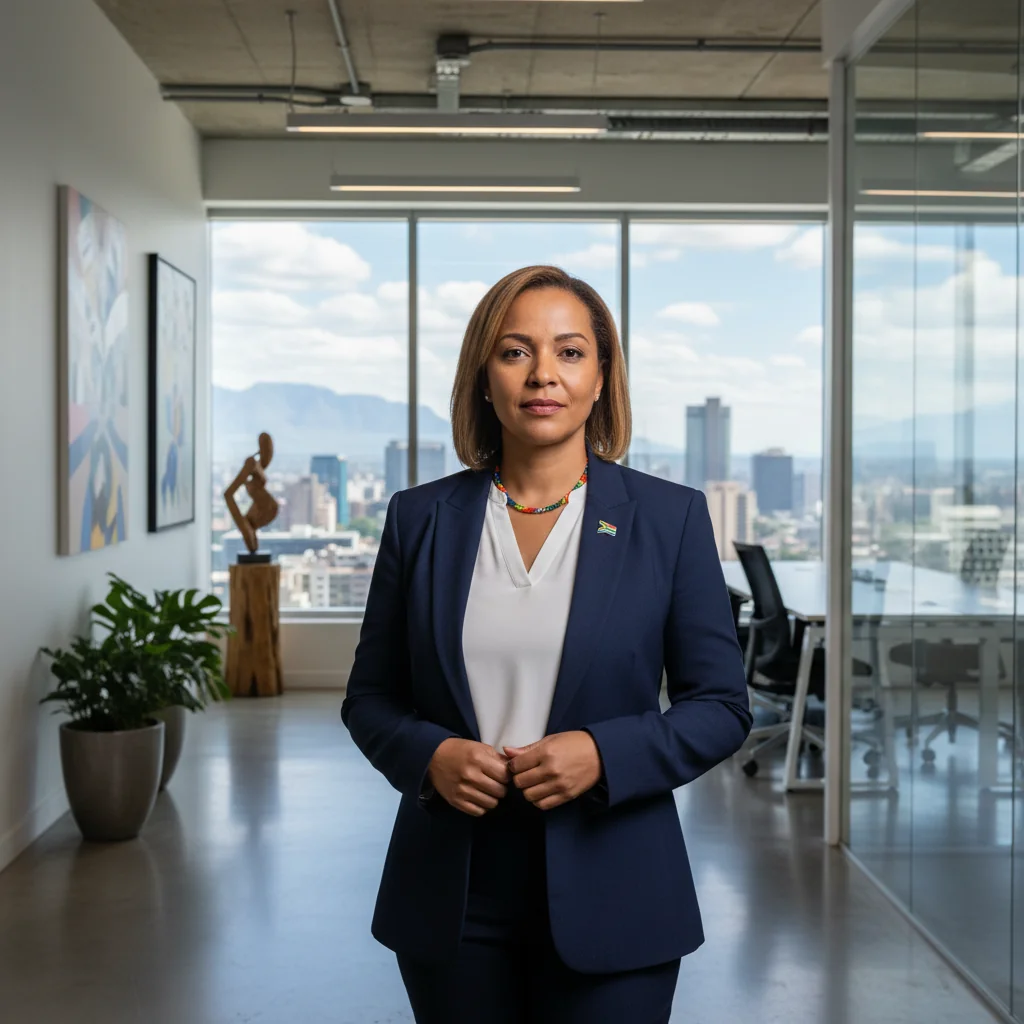 A photorealistic image of a determined adult professional whistleblower in a South African office setting, standing confidently with a subtle expression of resolve, symbolizing courage in reporting protected disclosures under the law, no children present.