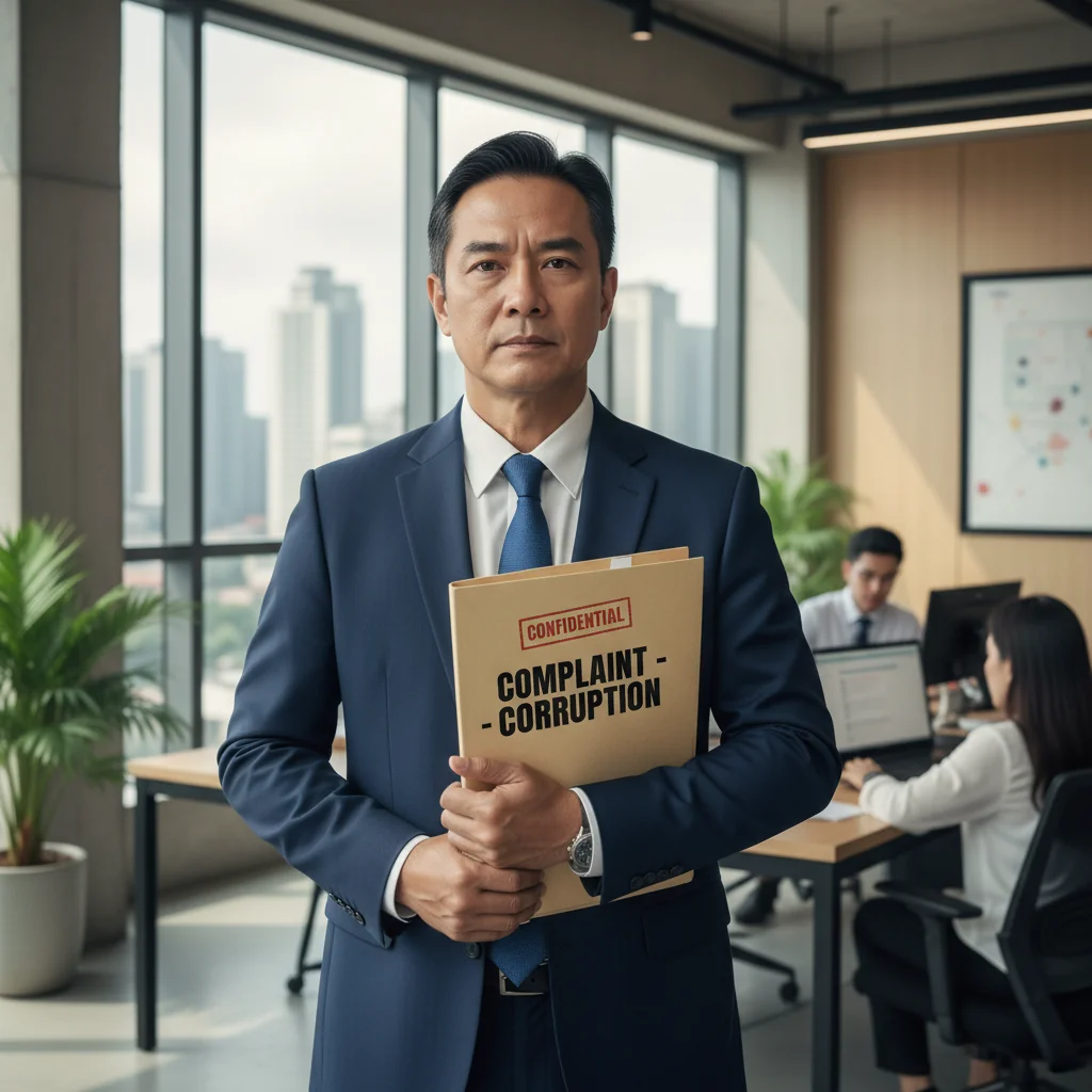 A photorealistic image of a determined adult whistleblower in a professional office setting, standing confidently with a folder in hand, symbolizing the act of reporting corporate wrongdoing under Philippine law, with subtle Philippine flag elements in the background, no children present.