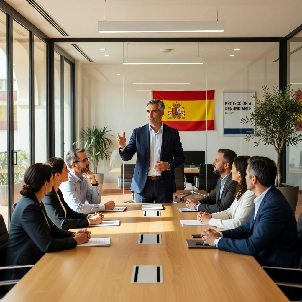 A photorealistic image representing whistleblowing in a Spanish workplace, showing a diverse group of adult professionals in a modern office setting in Spain, with one person confidently speaking up during a meeting, surrounded by colleagues listening attentively, evoking themes of transparency, ethics, and protection in reporting misconduct, no children present.