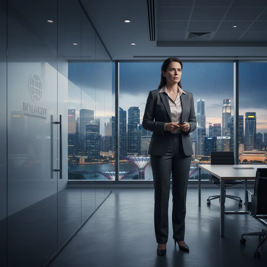A photorealistic image of a professional businessperson in a modern Singapore office setting, standing confidently at a window overlooking the city skyline, symbolizing transparency and ethical decision-making in corporate governance, with subtle elements like a whistle or ethical icons in the background but no focus on documents.