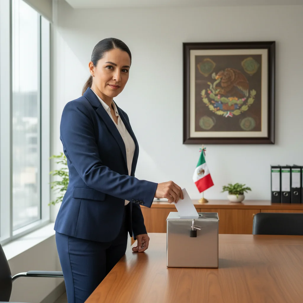 A photorealistic image symbolizing whistleblowing and reporting irregularities in Mexico, featuring a professional adult Mexican woman in a modern office setting, looking determined as she places an anonymous tip into a secure reporting box, with subtle Mexican flag elements in the background, conveying integrity and justice without showing any documents or children.