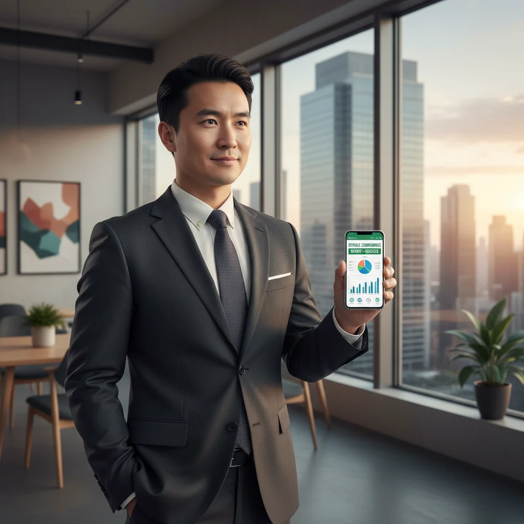 A photorealistic image of a determined adult Chinese professional in a modern office setting, holding a tablet with a reporting app open, symbolizing successful whistleblowing and ethical reporting in a corporate environment. The scene conveys empowerment and justice without focusing on documents.