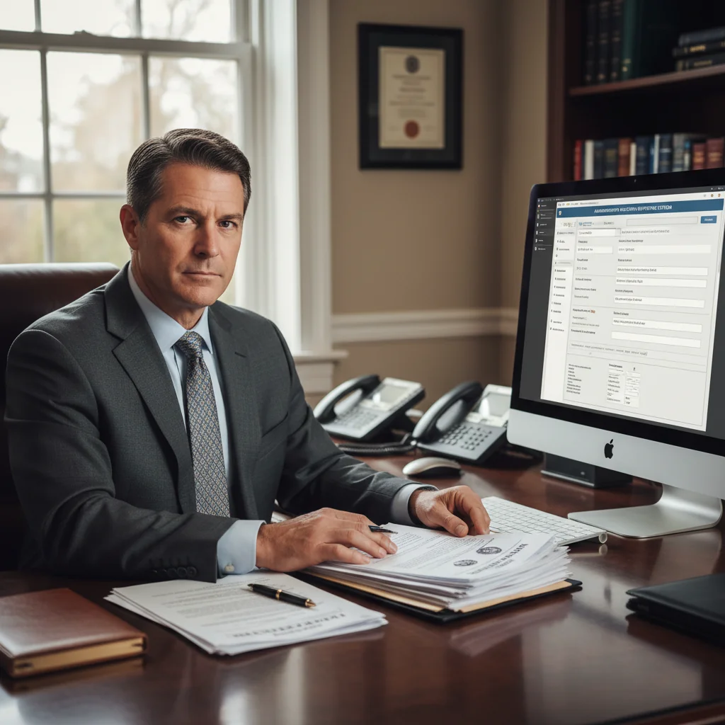 A photorealistic image depicting a professional adult individual in a modern office setting, confidently reviewing administrative documents on a desk with a laptop, symbolizing the process of reporting administrative violations. The scene conveys clarity, procedure, and compliance, with no children present.