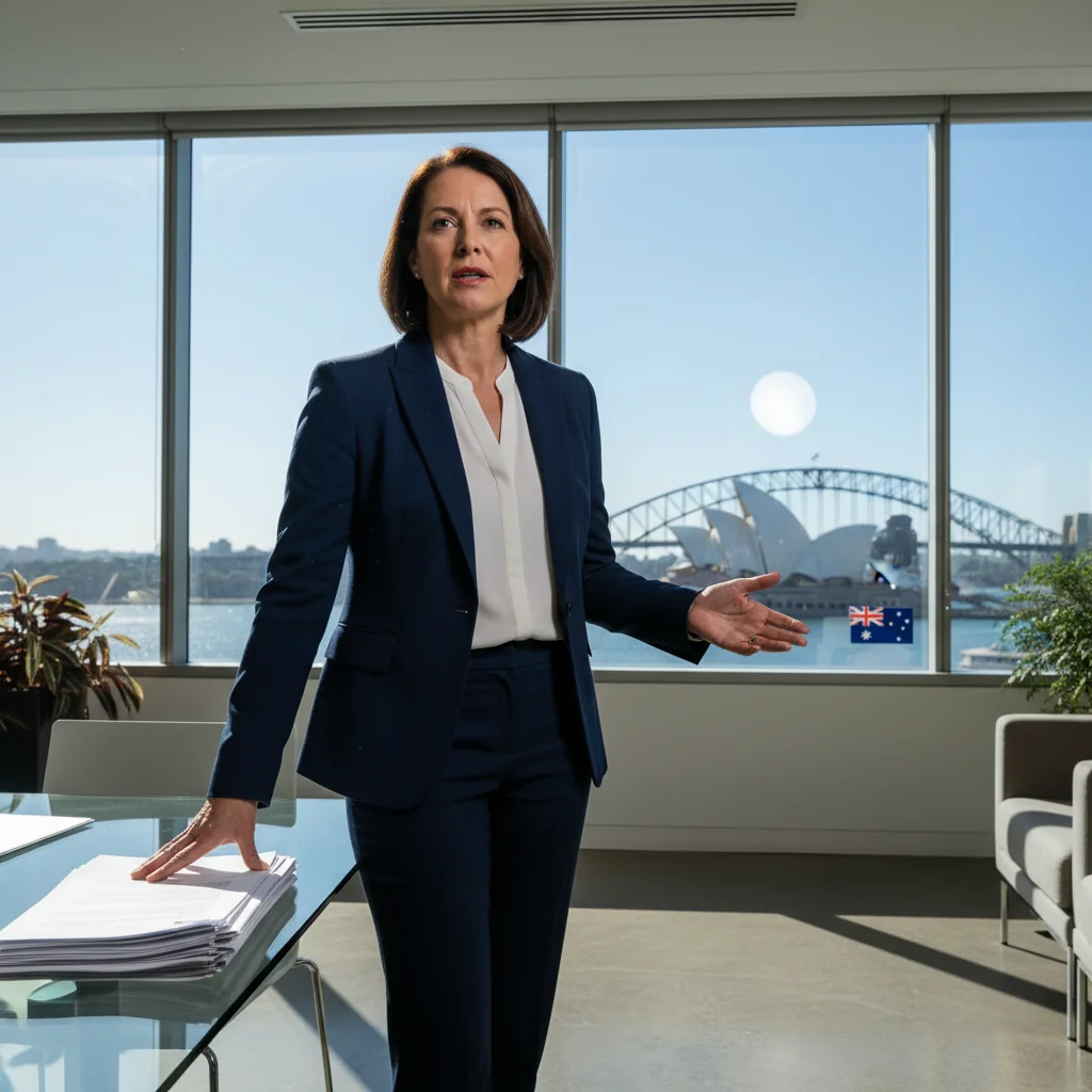 A photorealistic image of a determined adult professional whistleblower in an office setting, standing up against corporate corruption, symbolizing protection and justice under Australian law. The scene shows the individual looking resolute, perhaps holding a symbolic shield or document, with Australian landmarks subtly in the background, conveying empowerment and legal safeguarding.