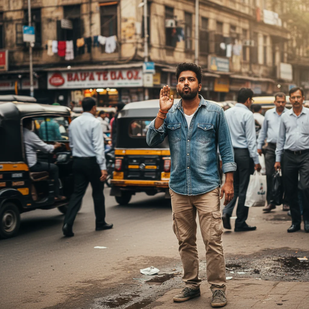 A photorealistic image of an adult Indian man in his 30s standing confidently on a bustling street in Mumbai, India, whistling sharply with pursed lips to hail an auto-rickshaw during a busy urban day. The scene captures the vibrant city life with traffic and people in the background, emphasizing the practical use of whistling in everyday Indian street scenarios. No children are present in the image.