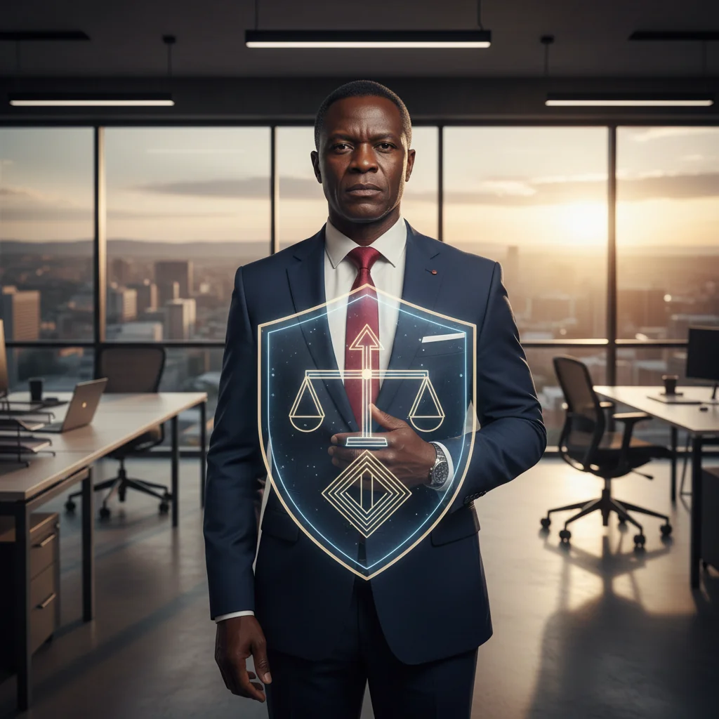 A photorealistic image of a determined adult professional whistleblower in a modern South African office setting, standing confidently and looking towards the future, symbolizing courage and protection under the whistleblowing policy. The scene includes subtle South African elements like a flag in the background, with natural lighting and realistic details, no children present.