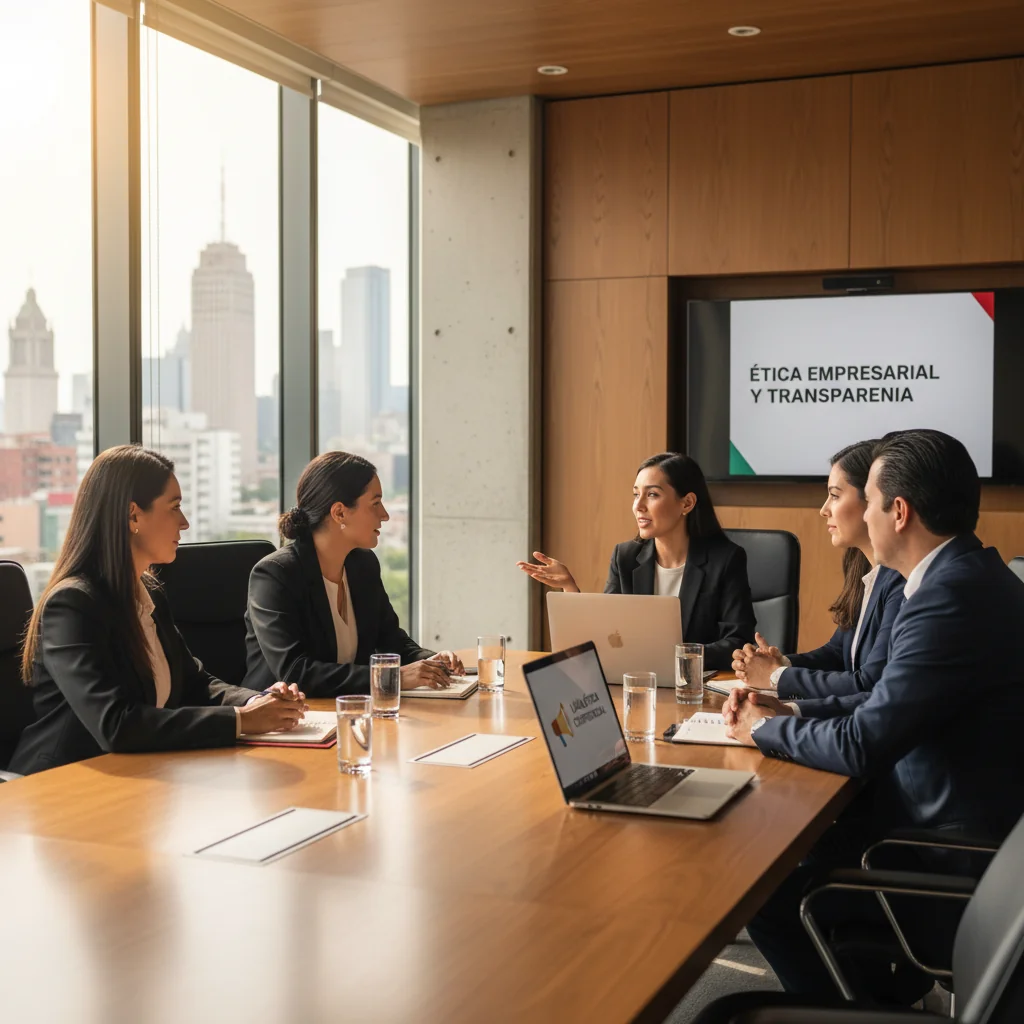 A photorealistic image depicting a diverse group of adult professionals in a modern Mexican corporate office, engaged in a confidential discussion about reporting workplace irregularities, symbolizing transparency and ethical practices in Mexican companies. No children are present.
