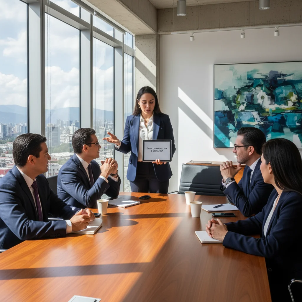 A photorealistic image depicting a professional business meeting in a modern Mexican office, where diverse adult colleagues are discussing whistleblower policies with expressions of trust and integrity, symbolizing the legal benefits of reporting irregularities in organizations. The scene includes Mexican cultural elements like vibrant decor, but no children or documents are visible.