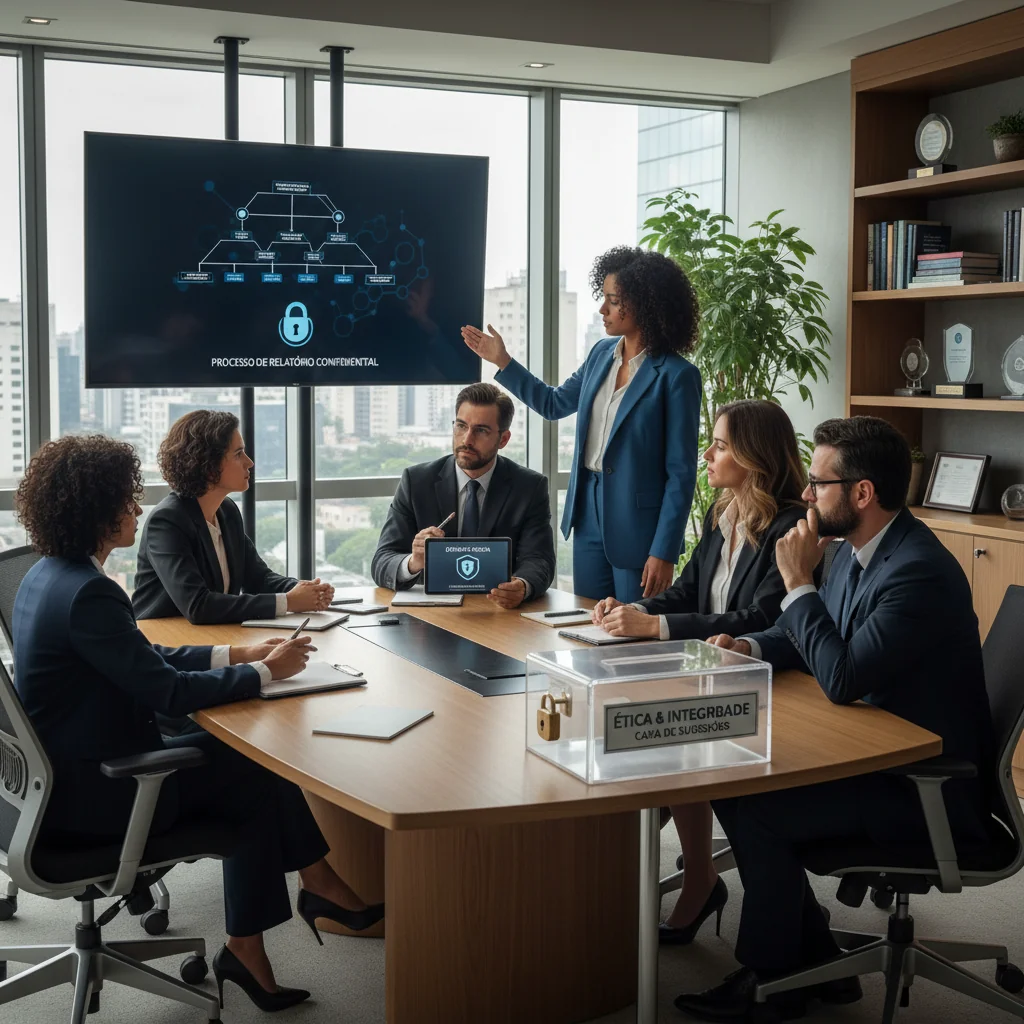 A photorealistic image depicting a diverse group of professional adults in a modern Brazilian office setting, engaging in a confidential conversation about reporting ethical concerns, symbolizing an effective whistleblower channel in a company, with elements like a suggestion box or secure communication icons subtly in the background, conveying trust, transparency, and workplace integrity.
