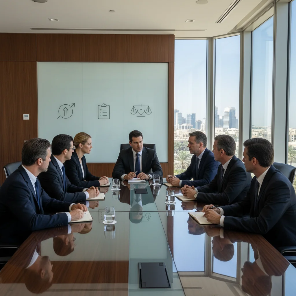 A photorealistic image of a professional business meeting in a modern UAE office, where diverse adult professionals are discussing compliance and reporting procedures, with elements like a whiteboard showing icons of reports and checklists, evoking trust and transparency in corporate governance, no children present.