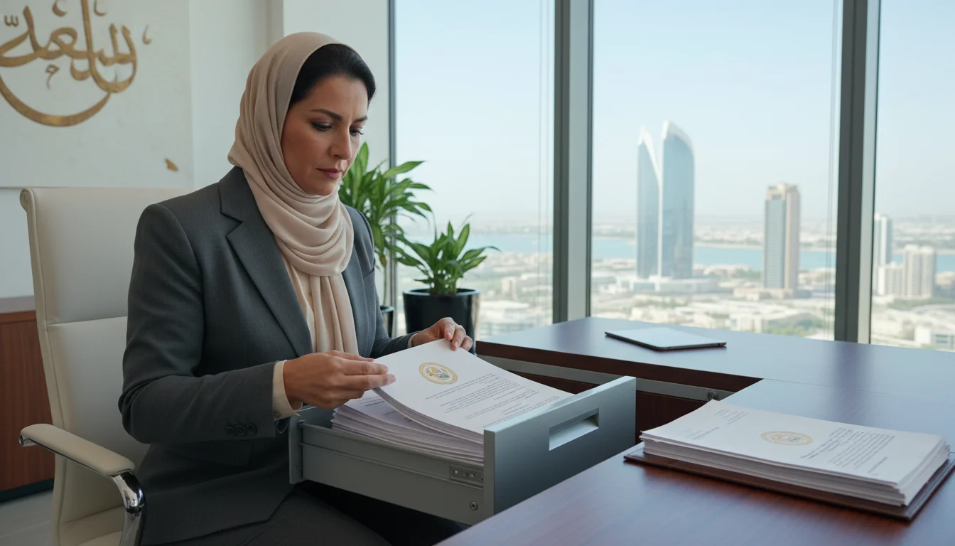 Professional filing corporate report in UAE office